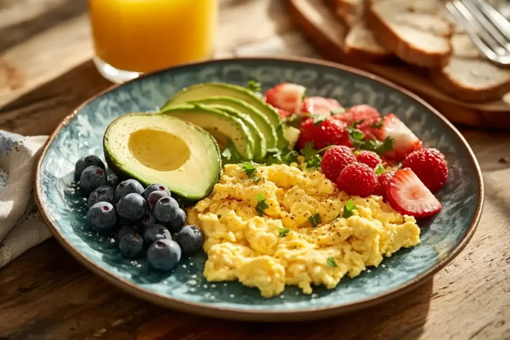 A beautifully arranged 750-calorie healthy breakfast spread featuring a veggie omelet, whole-grain toast, avocado slices, and a side of fresh berries on a wooden table.