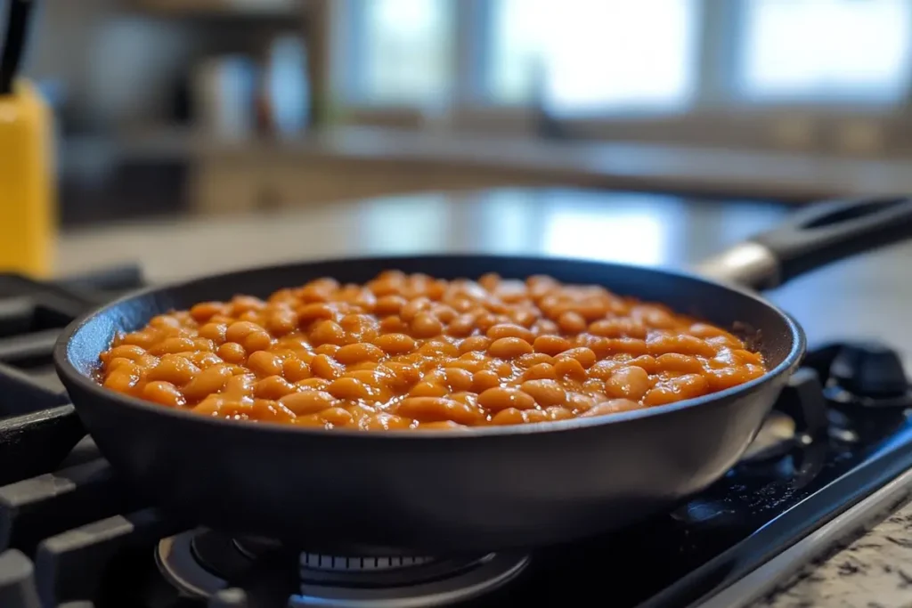 A bowl of homemade baked beans garnished with fresh parsley, served in a rustic cast-iron skillet on a wooden table, paired with cornbread slices