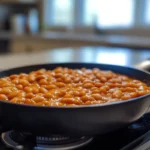 A bowl of homemade baked beans garnished with fresh parsley, served in a rustic cast-iron skillet on a wooden table, paired with cornbread slices