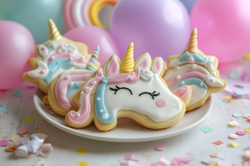 Unicorn-shaped cookies decorated with pastel icing, edible glitter, and sprinkles displayed on a white plate in a magical party setup.