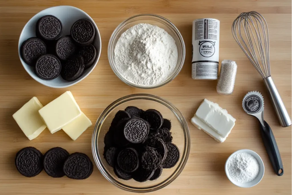 Freshly baked Oreo Cake Cookies arranged on a cooling rack with crushed Oreos scattered around.