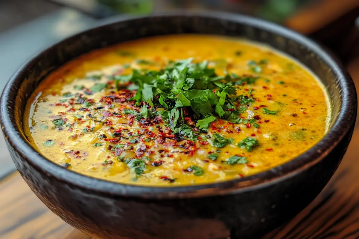 A steaming bowl of creamy Marry Me Chicken Soup garnished with fresh parsley, served in a rustic kitchen setting.