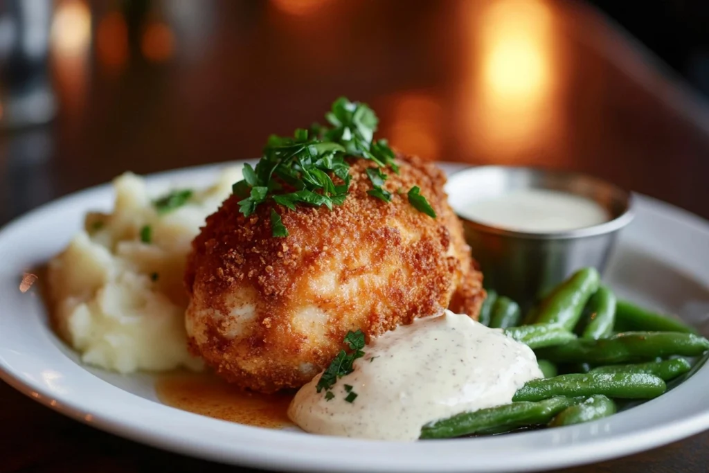 Longhorn Steakhouse Parmesan Crusted Chicken served on a white plate with a golden crust, garnished with parsley, and paired with mashed potatoes and green beans.