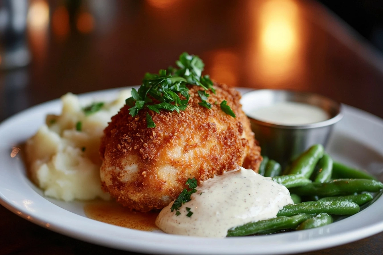 Longhorn Steakhouse Parmesan Crusted Chicken served on a white plate with a golden crust, garnished with parsley, and paired with mashed potatoes and green beans.