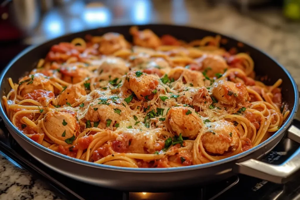 Marry Me Chicken Pasta served on a white plate with creamy sauce, sun-dried tomatoes, and fresh basil garnish.