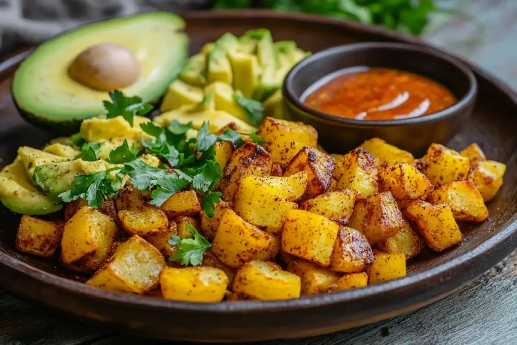 Golden and crispy air-fried breakfast potatoes garnished with fresh parsley, served on a white plate alongside eggs and avocado slices.