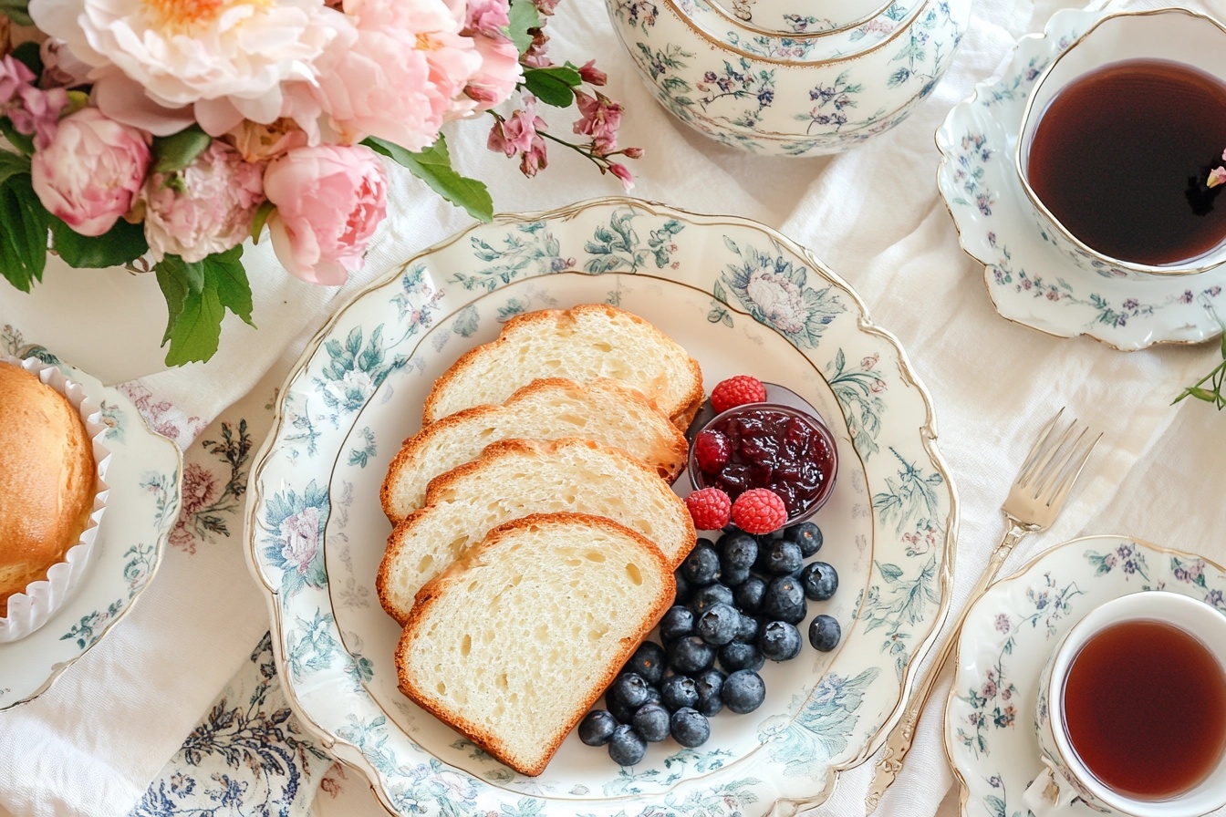 Freshly baked cake bread with a golden crust, sliced on a wooden board with dried fruits and spices nearby