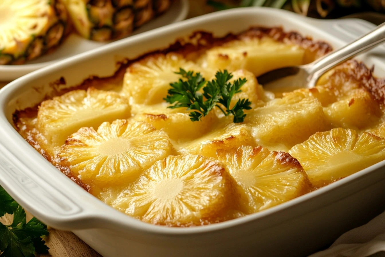 A freshly baked pineapple cheese casserole in a white ceramic dish, topped with a golden, crispy cracker crust, served on a wooden table with garnishing of parsley and pineapple slices.