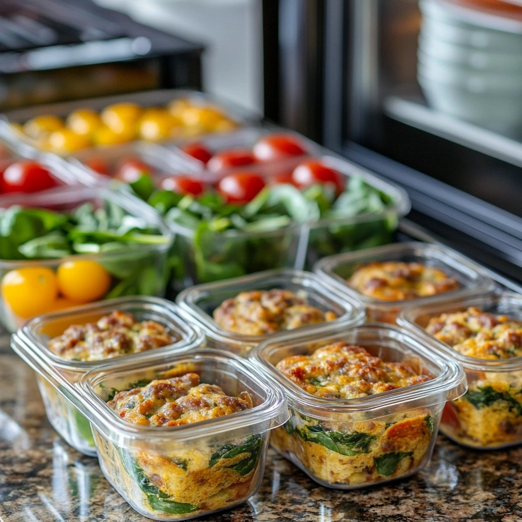 A plate of freshly baked sausage breakfast muffins garnished with parsley, showcasing golden-brown tops, melted cheese, and diced vegetables, set on a rustic wooden table with a cozy kitchen background.