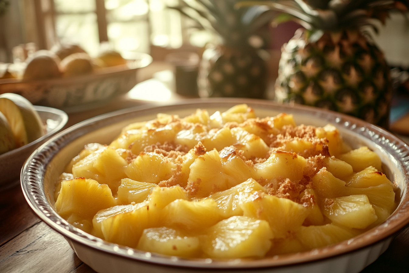 Delicious homemade pineapple casserole with a golden, crispy topping and creamy pineapple filling.