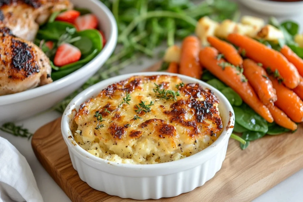 A golden-brown pineapple casserole topped with buttery crackers, served in a white baking dish on a wooden table, surrounded by fresh pineapple slices and parsley garnish.