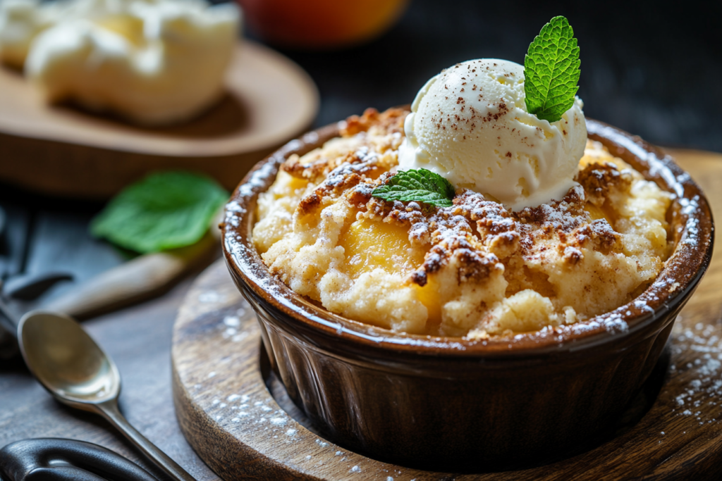 Delicious homemade peach crumble with a golden, crispy topping and juicy peach filling in a baking dish.