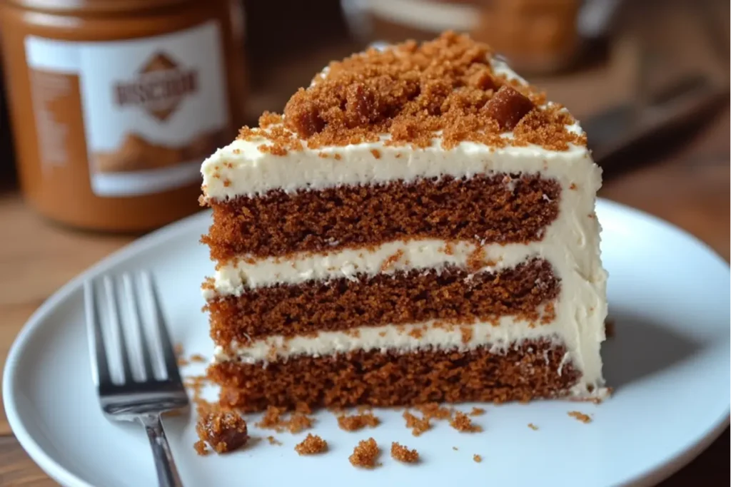 A slice of moist Biscoff cake topped with a drizzle of Biscoff spread and crumbled Biscoff cookies, served on a white plate with a fork beside it.