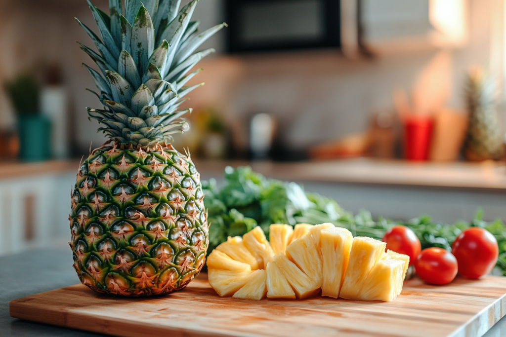 A vibrant pineapple and vegetable stir-fry featuring bell peppers, broccoli, and pineapple chunks, served in a rustic wooden bowl.