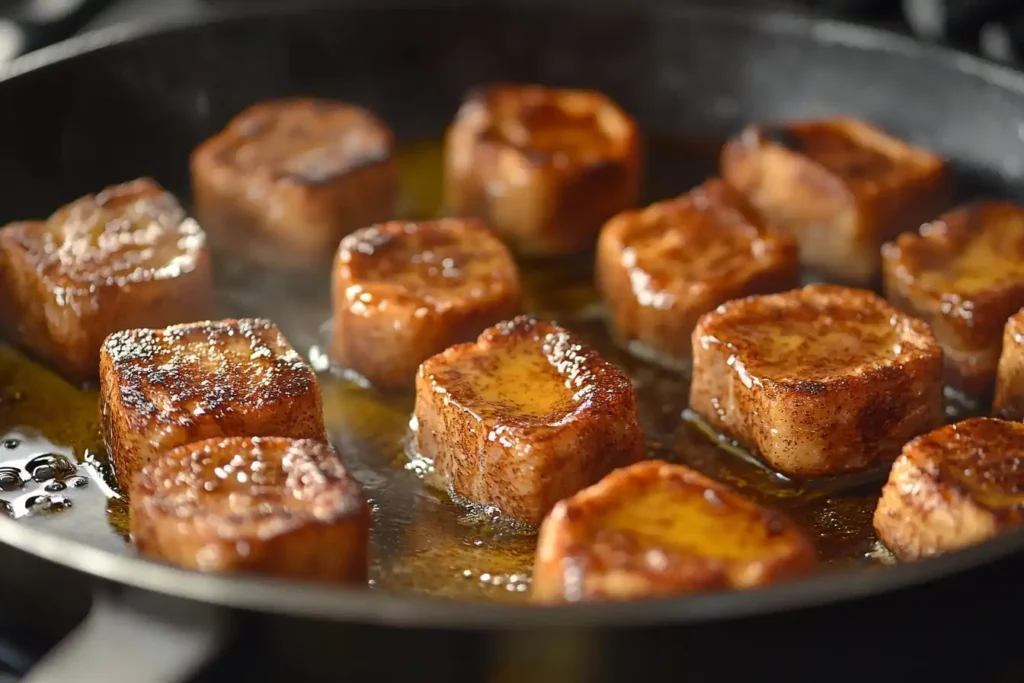 Cinnamon Roll French Toast Bites being cooked in butter