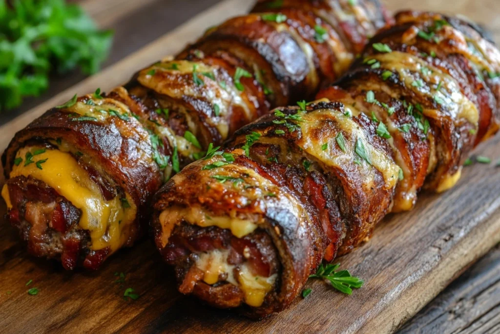 Garlic Butter Bacon Cheeseburger Rollups with Dipping Sauces