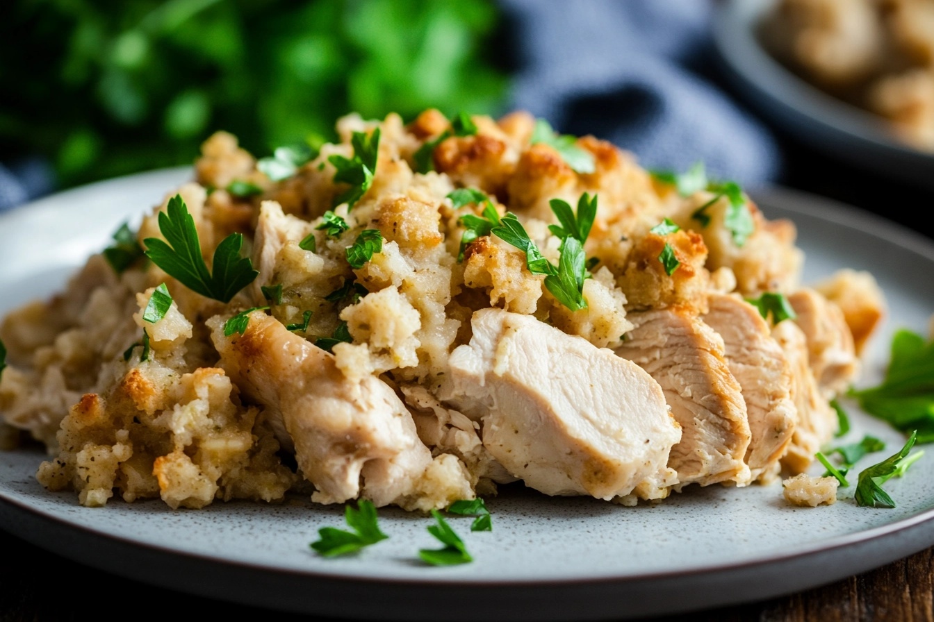 Delicious plated 4-Ingredient Slow Cooker Chicken with Stuffing