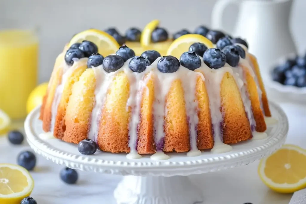 Buttery Lemon Blueberry Pound Cake on rustic table