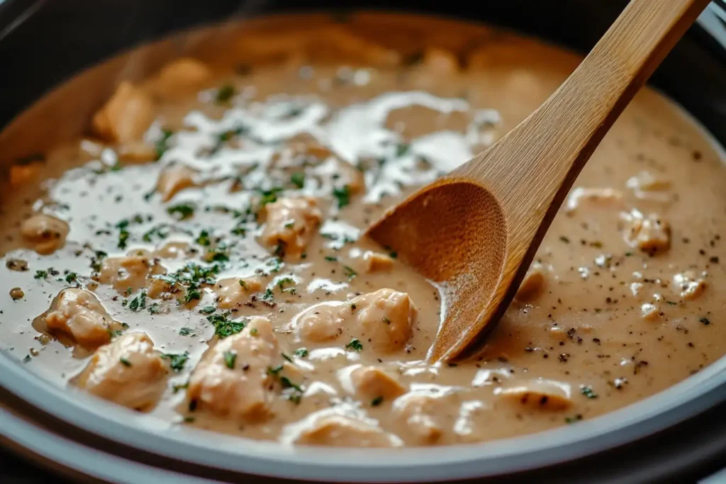 Stirring chicken gravy in a slow cooker