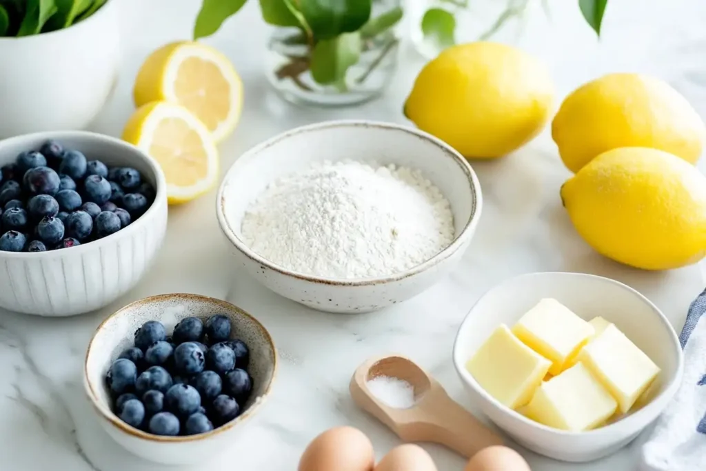 Ingredients for Buttery Lemon Blueberry Pound Cake