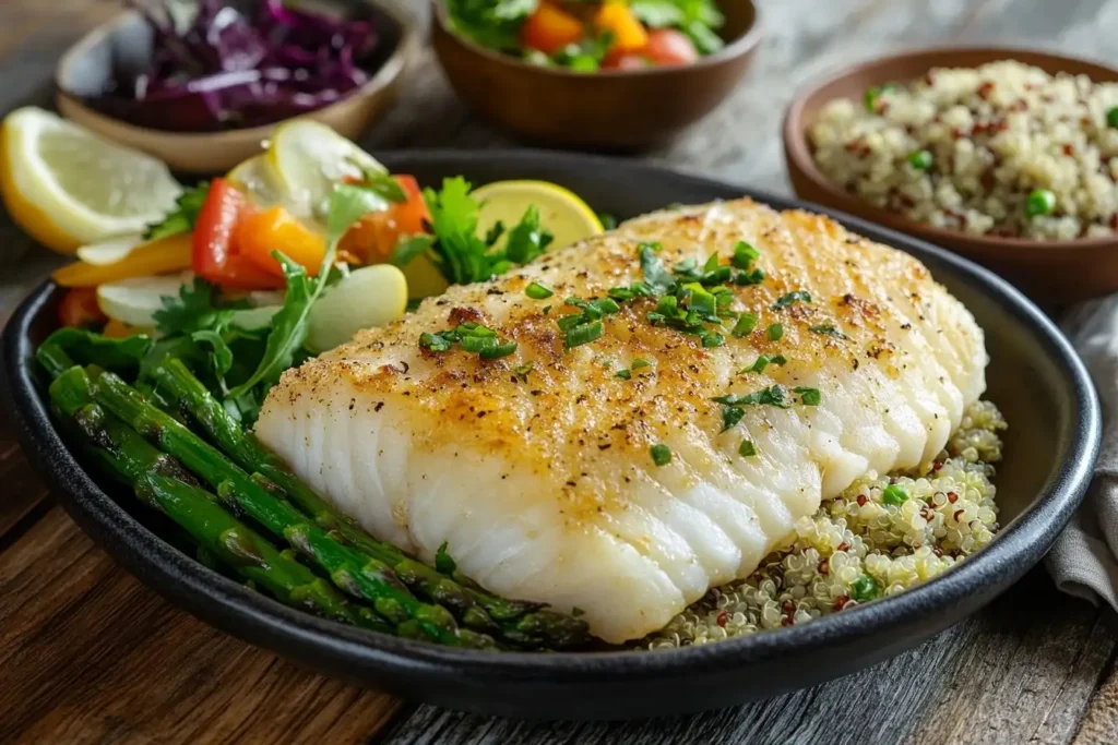 Lemon Butter Baked Cod paired with healthy side dishes