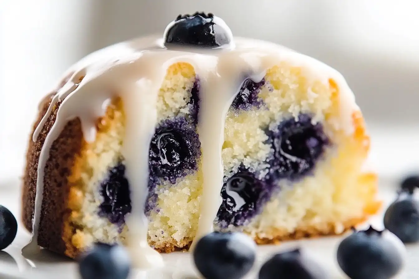 Slice of moist Buttery Lemon Blueberry Pound Cake